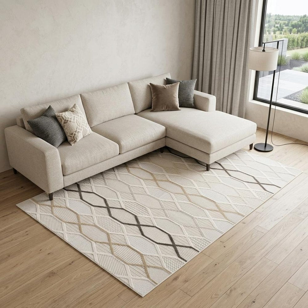 7' X 10' Cream and Beige Abstract Distressed Area Rug