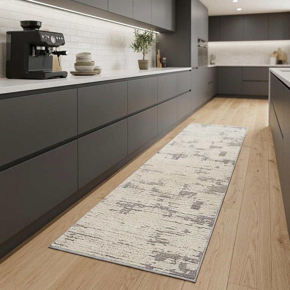 8' Gray And Cream Abstract Distressed Runner Rug