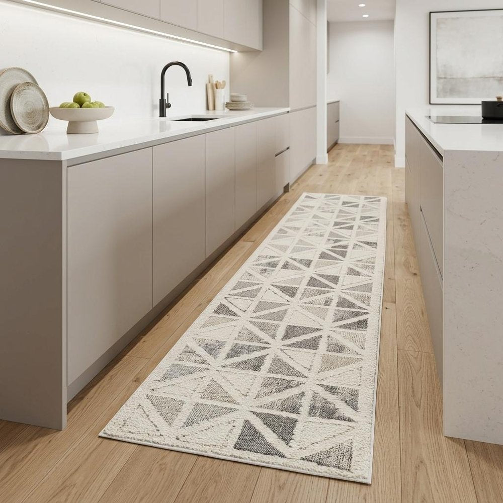 8' Gray And Cream Geometric Distressed Runner Rug