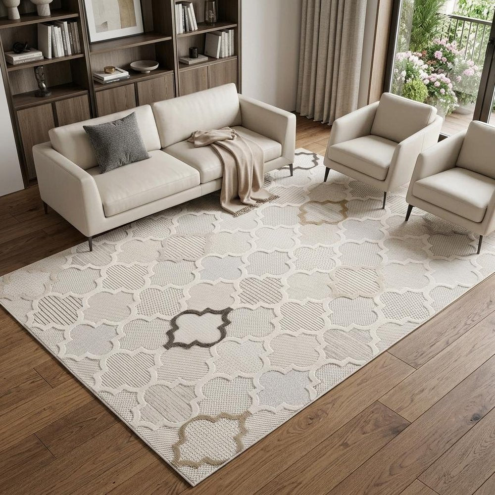 7' X 10' Cream and Beige Geometric Distressed Area Rug