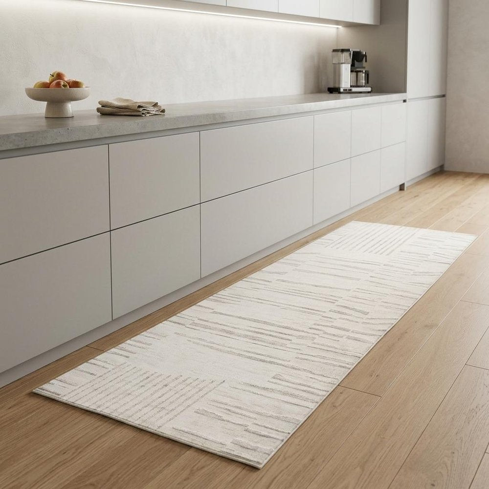 8' Gray And Beige Geometric Distressed Runner Rug