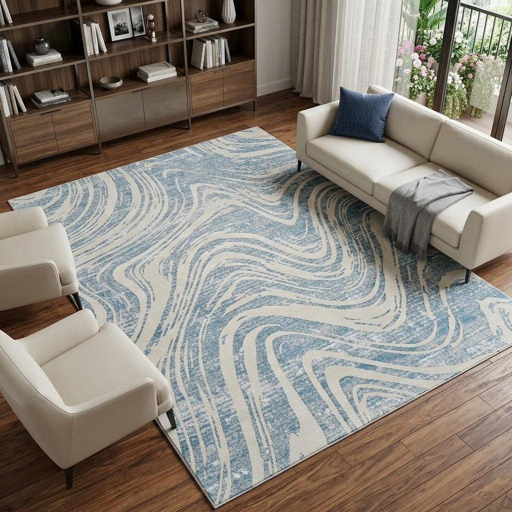 7' X 10' Blue and Beige Abstract Distressed Area Rug