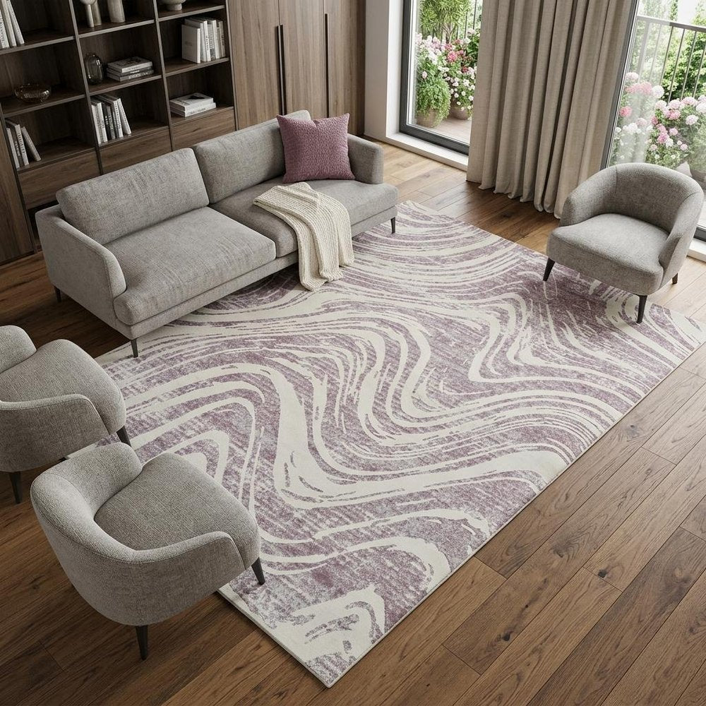 7' X 10' Beige and Purple Abstract Distressed Area Rug