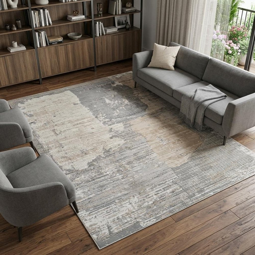 8' X 11' Cream and Beige Abstract Distressed Area Rug