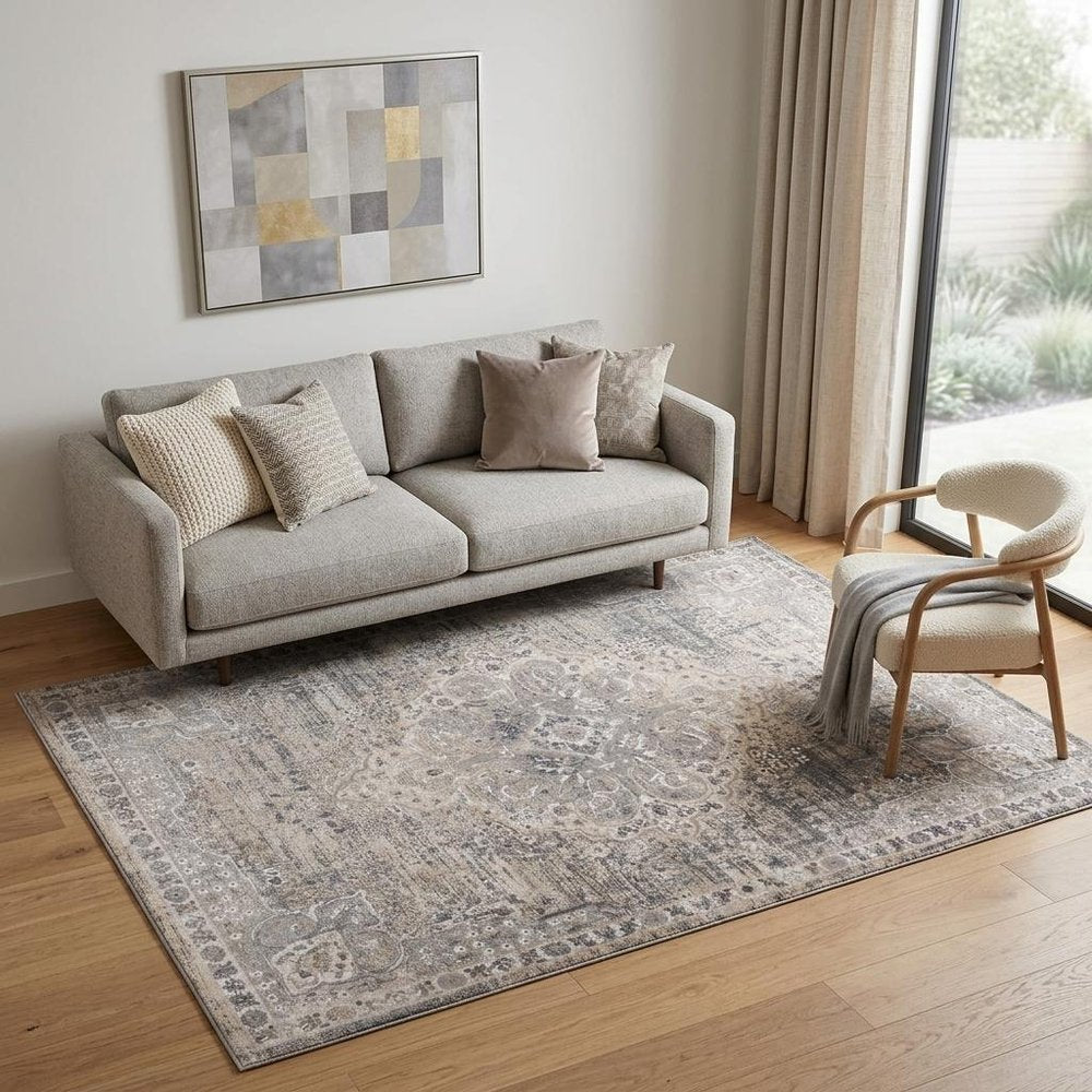 5' X 8' Gray and Beige Oriental Distressed Area Rug