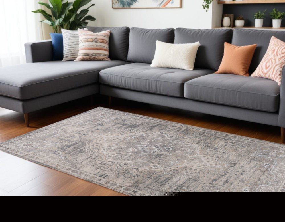 8' X 11' Gray and Beige Oriental Distressed Area Rug