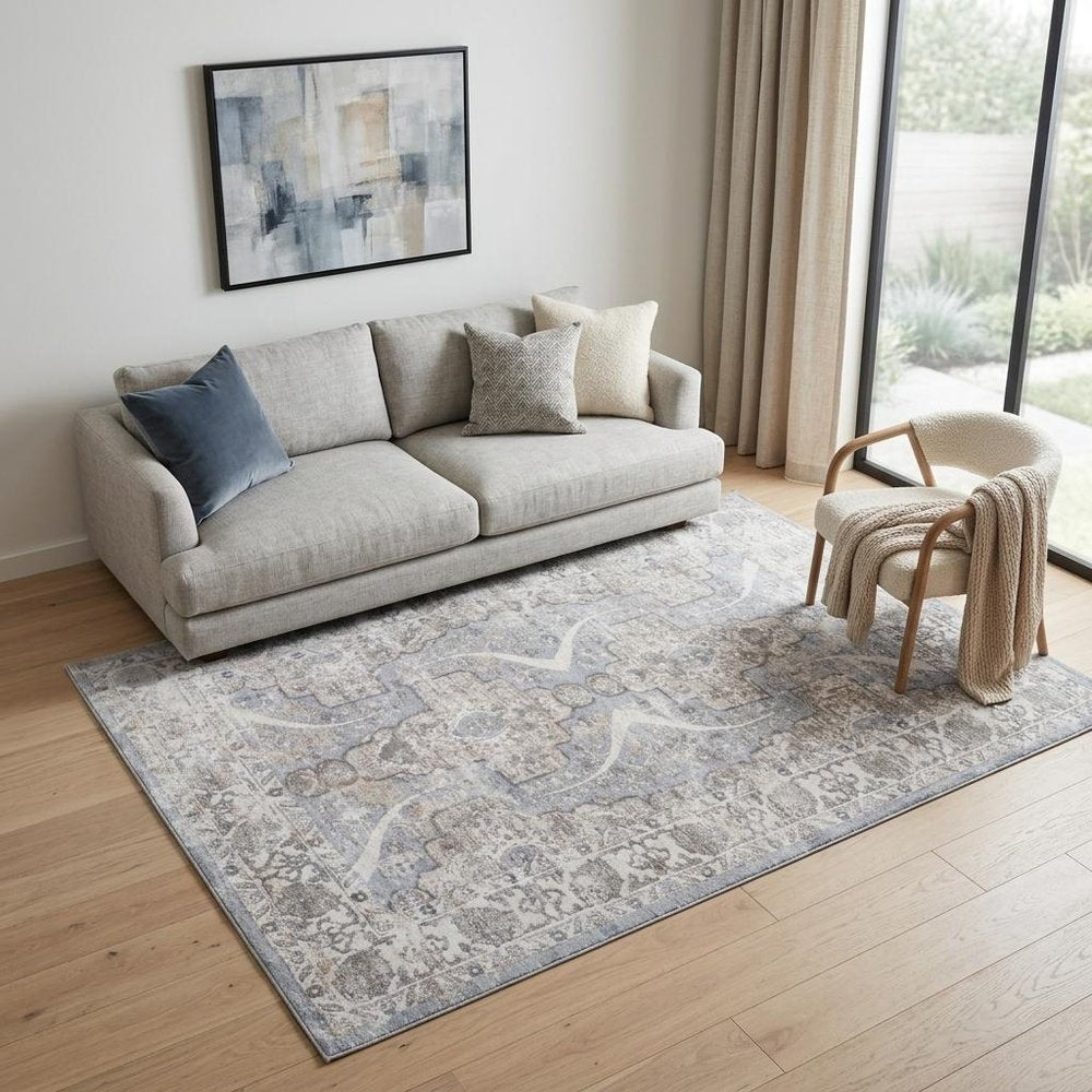 5' X 8' Blue and Gray Abstract Distressed Area Rug
