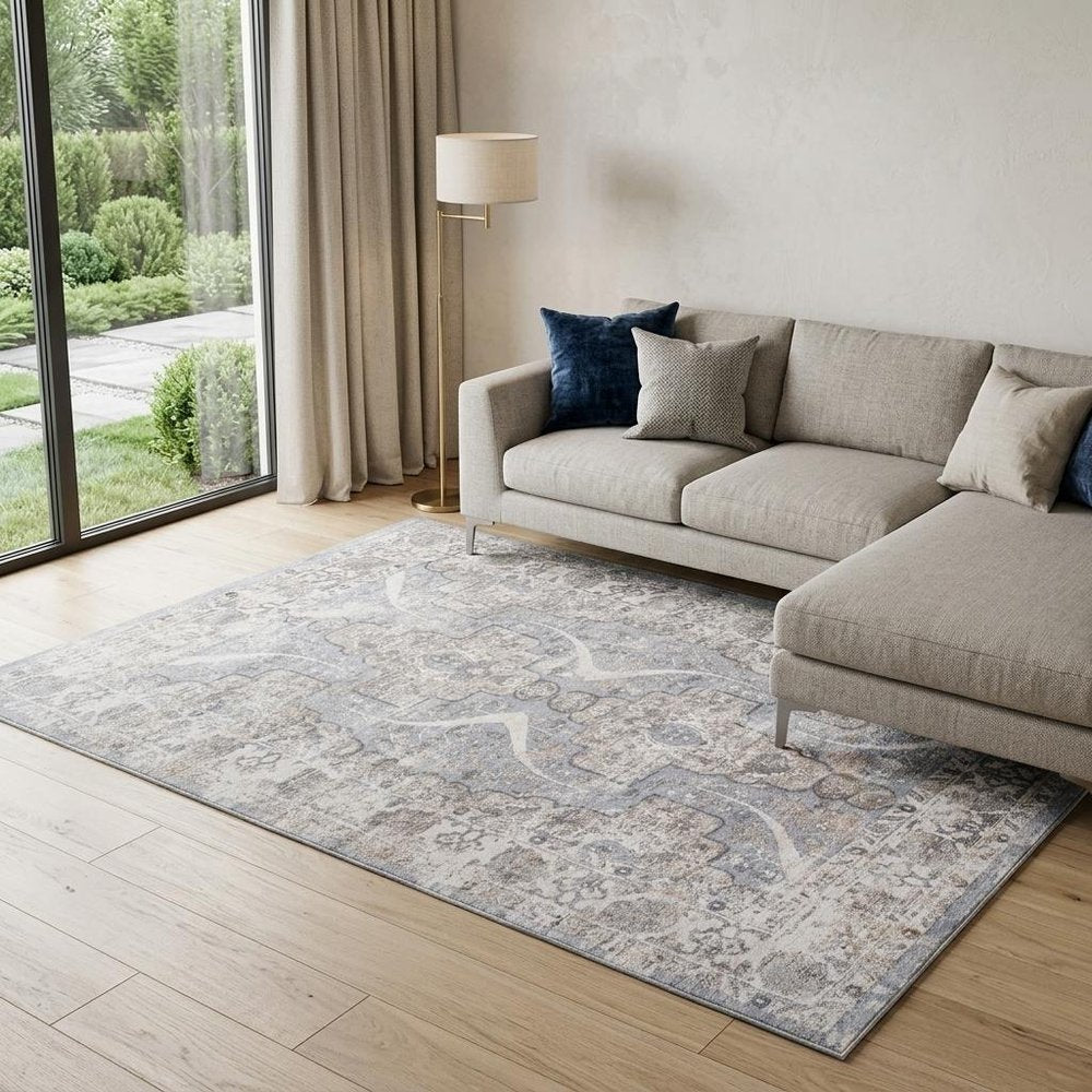 8' X 11' Blue and Gray Abstract Distressed Area Rug