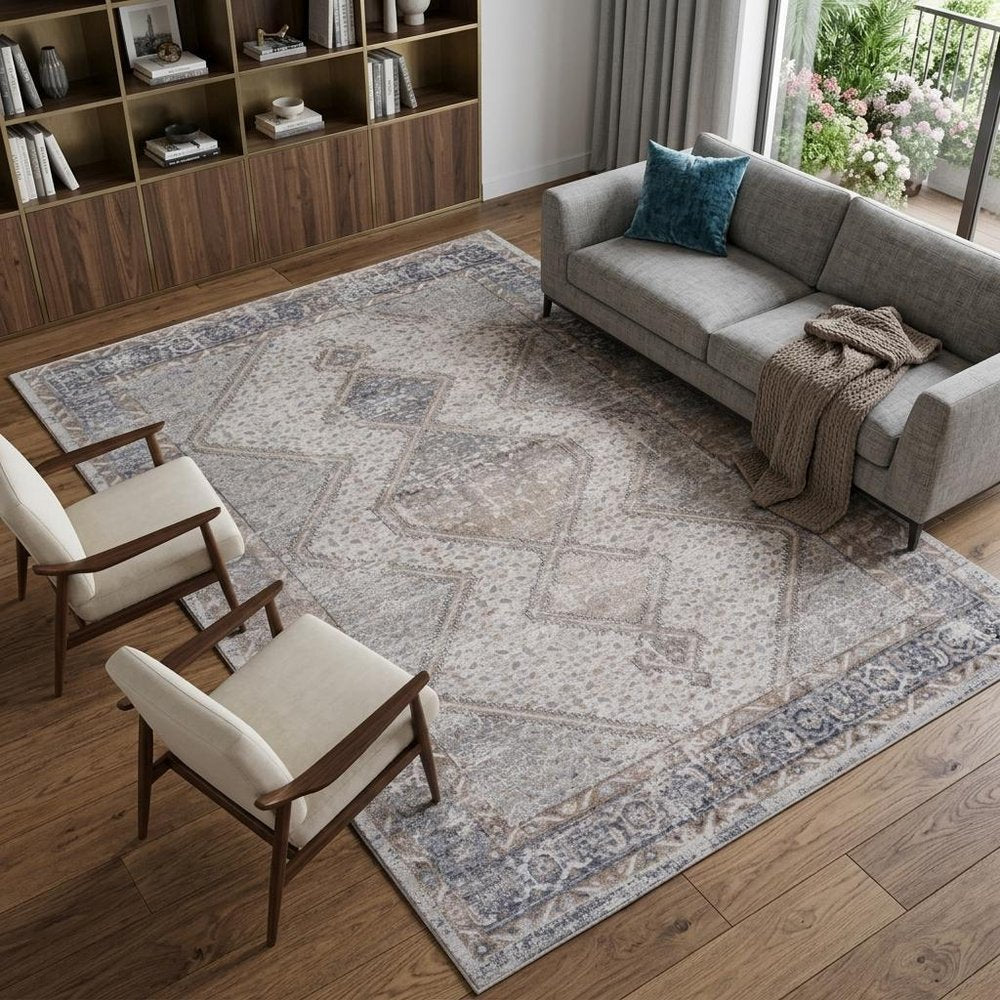 8' X 11' Beige and Gray Abstract Distressed Area Rug