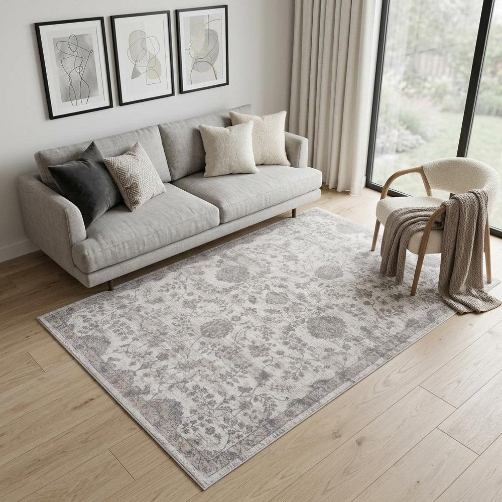5' X 8' Beige and Gray Floral Distressed Area Rug
