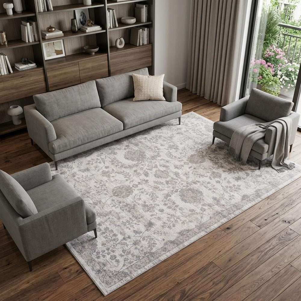 7' X 10' Beige and Gray Floral Distressed Area Rug