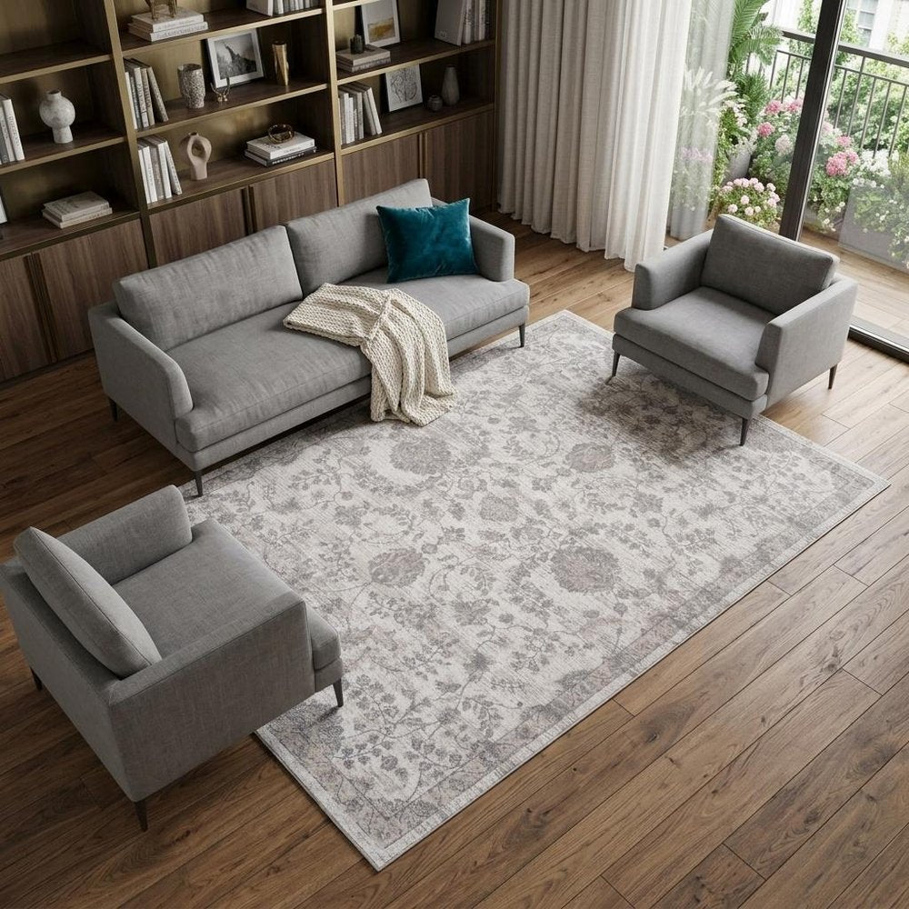 8' X 11' Beige and Gray Floral Distressed Area Rug
