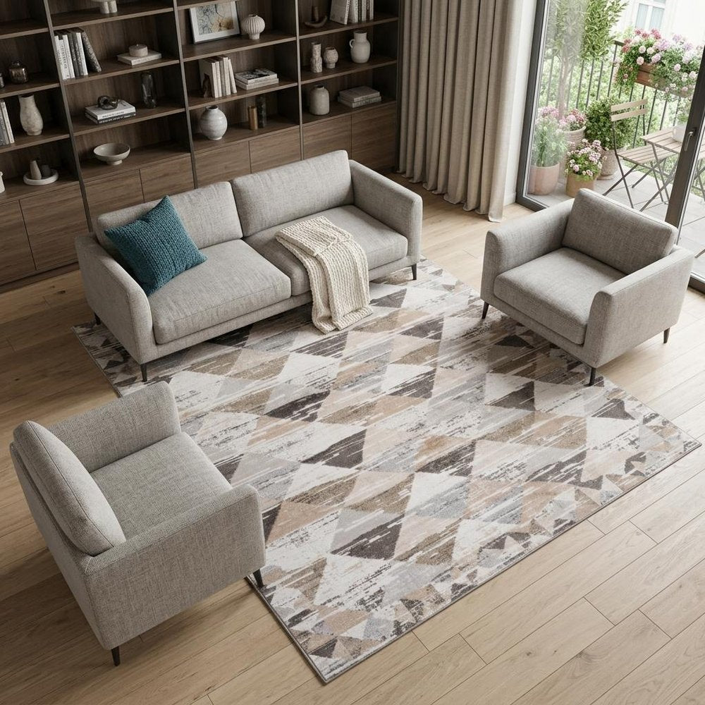 7' X 10' Beige and Brown Abstract Distressed Area Rug