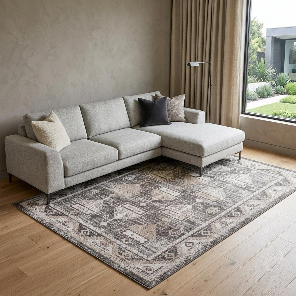 7' X 10' Beige and Brown Abstract Distressed Area Rug