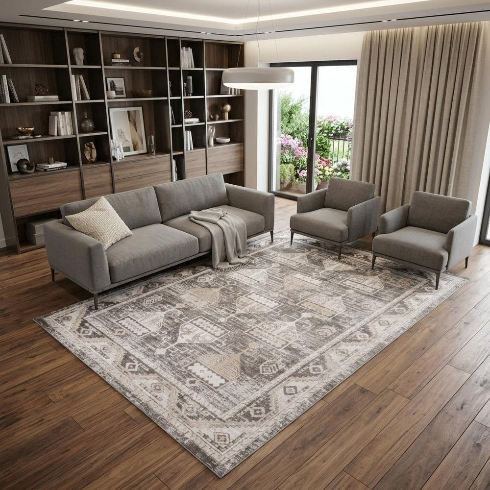 7' X 10' Beige and Brown Abstract Distressed Area Rug
