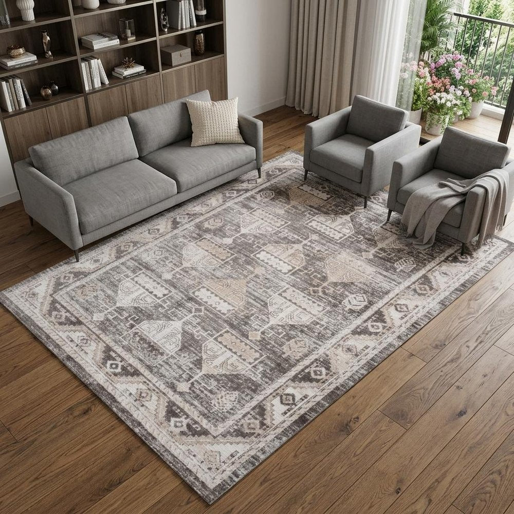 8' X 11' Cream and Brown Abstract Distressed Area Rug
