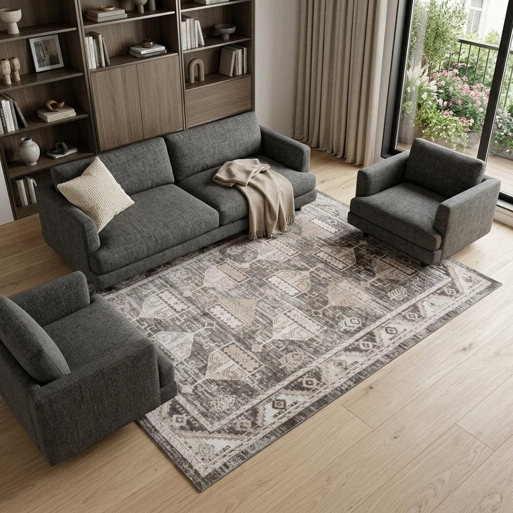 8' X 11' Cream and Brown Abstract Distressed Area Rug