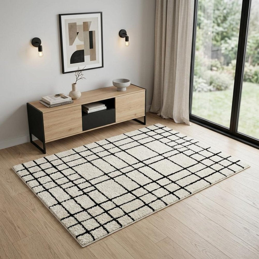 4' X 6' Cream and Black Abstract Distressed Area Rug