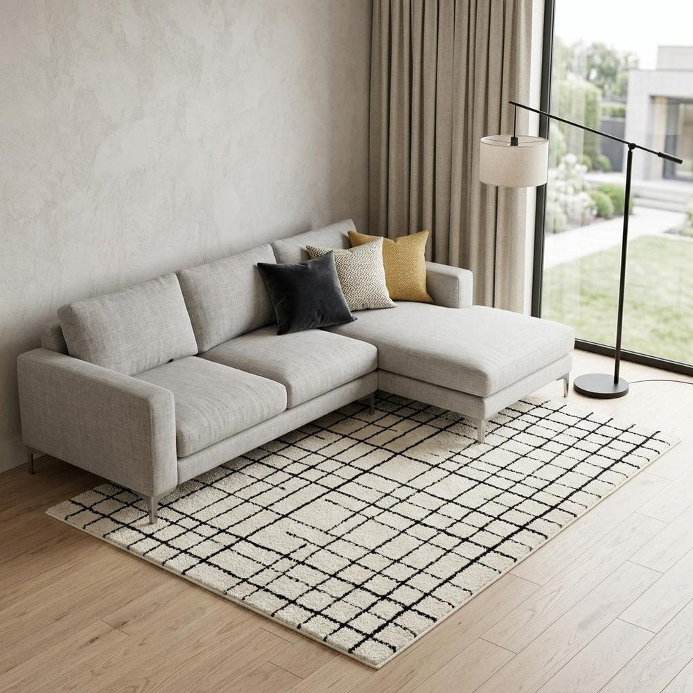 7' X 10' Cream and Black Abstract Distressed Area Rug