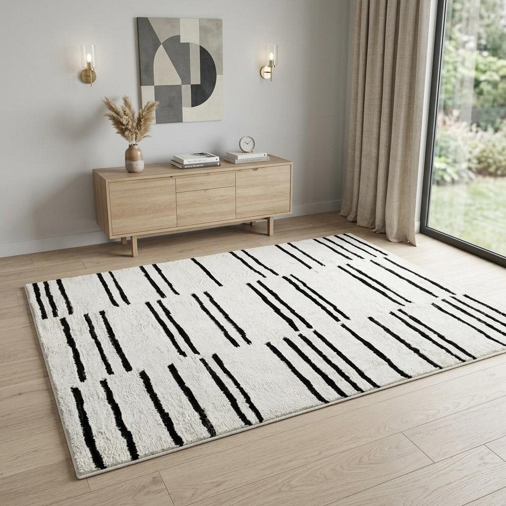 4' X 6' Cream and Black Abstract Distressed Area Rug