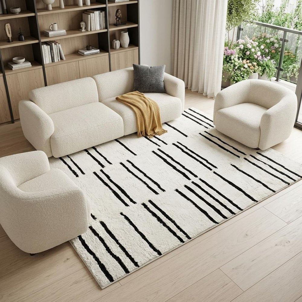 7' X 10' Cream and Black Abstract Distressed Area Rug