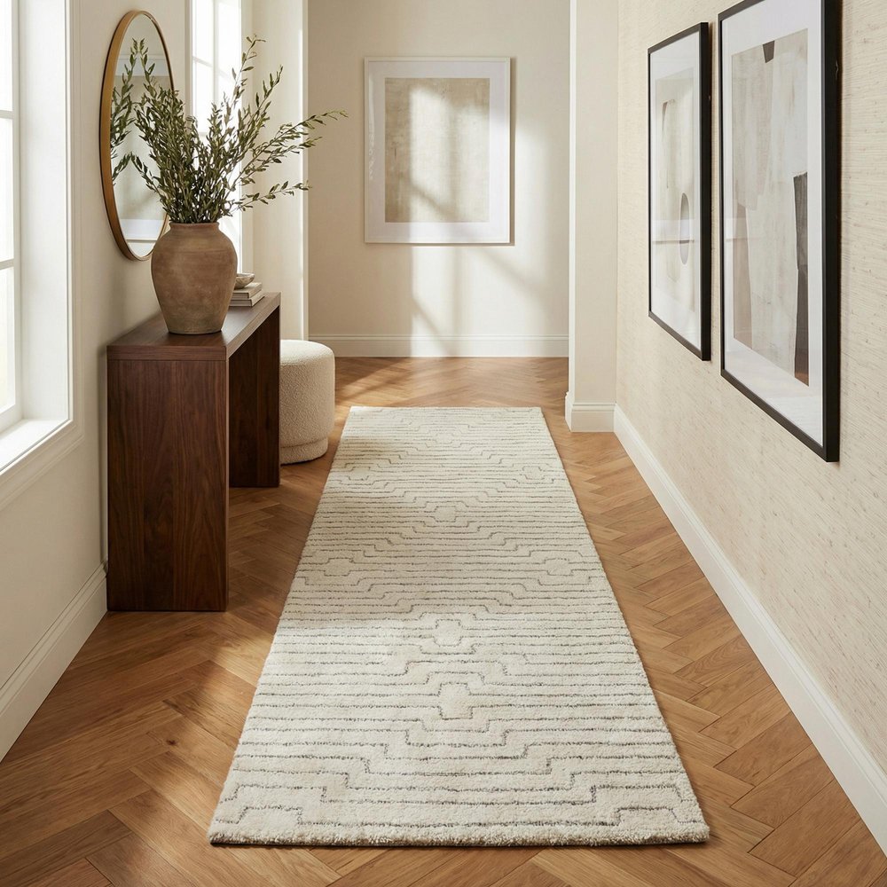 8' Cream And Beige Abstract Distressed Runner Rug