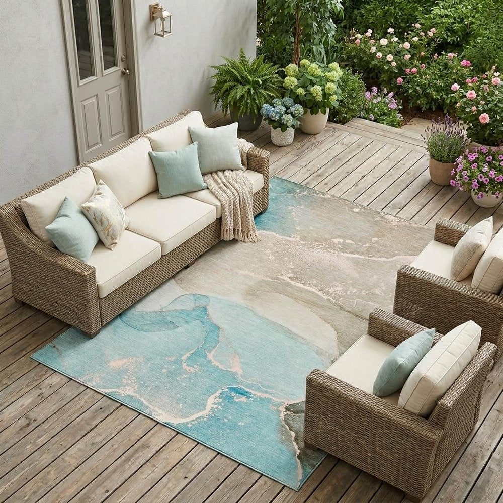 10' X 14' Teal Abstract Washable Non Skid Indoor Outdoor Area Rug