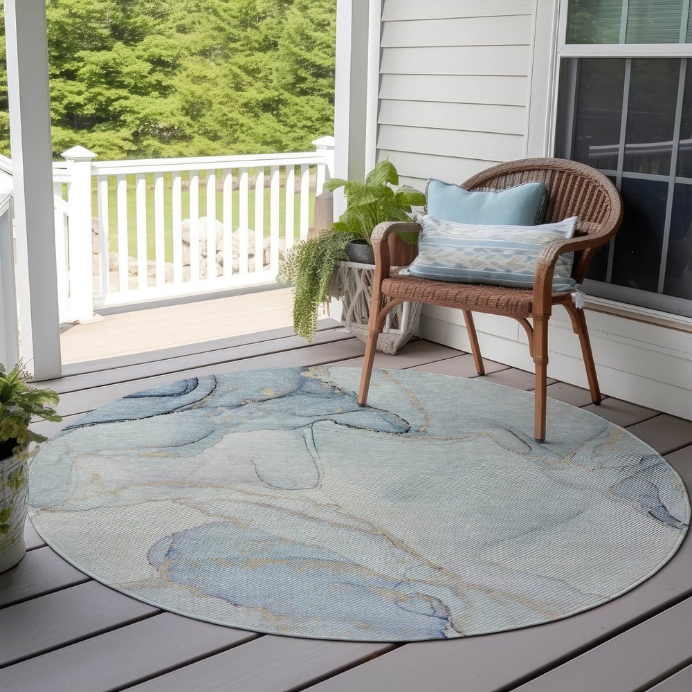 5' X 8' Beige and Blue Abstract Washable Non Skid Indoor Outdoor Area Rug
