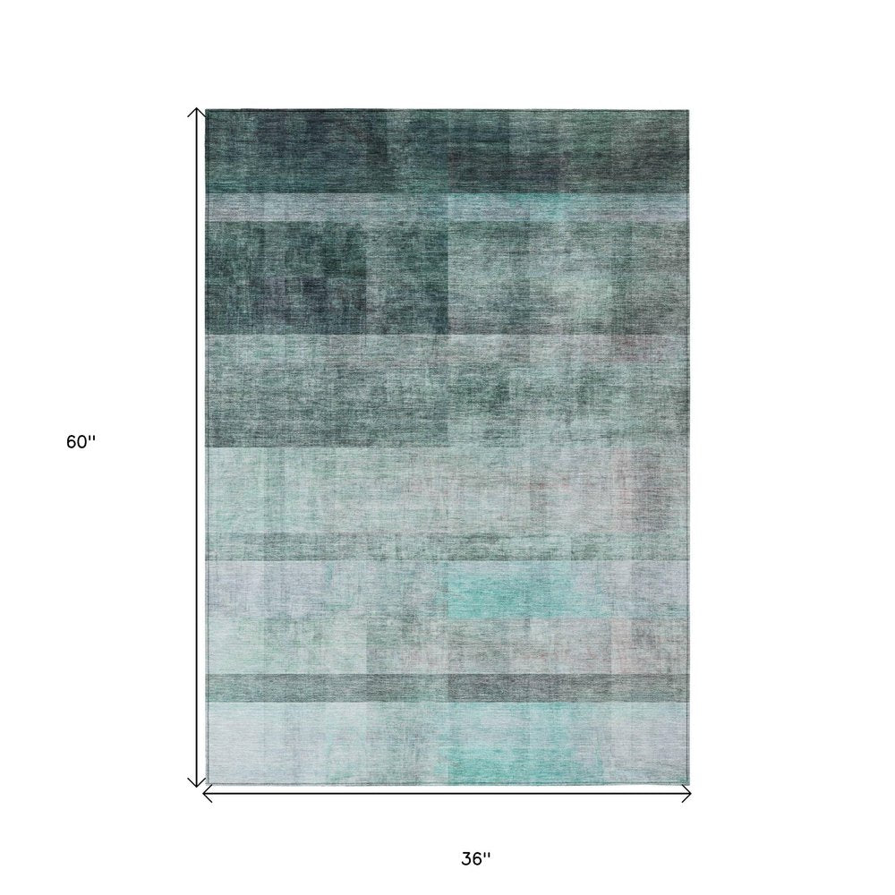 3' X 5' Teal Ombre Washable Non Skid Indoor Outdoor Area Rug