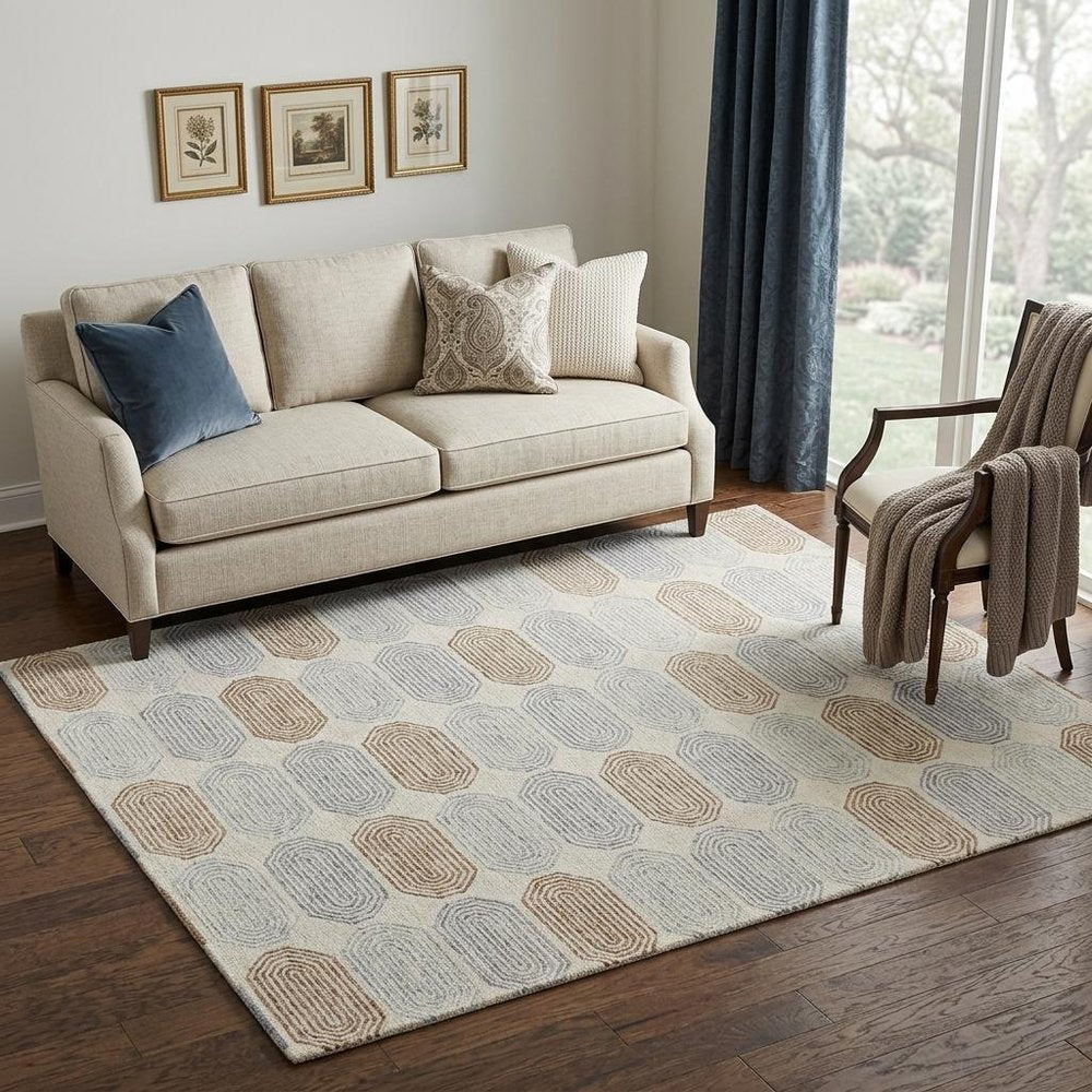 5' X 8' Ivory and Silver Wool Abstract Geometric Hand Tufted Non Skid Area Rug