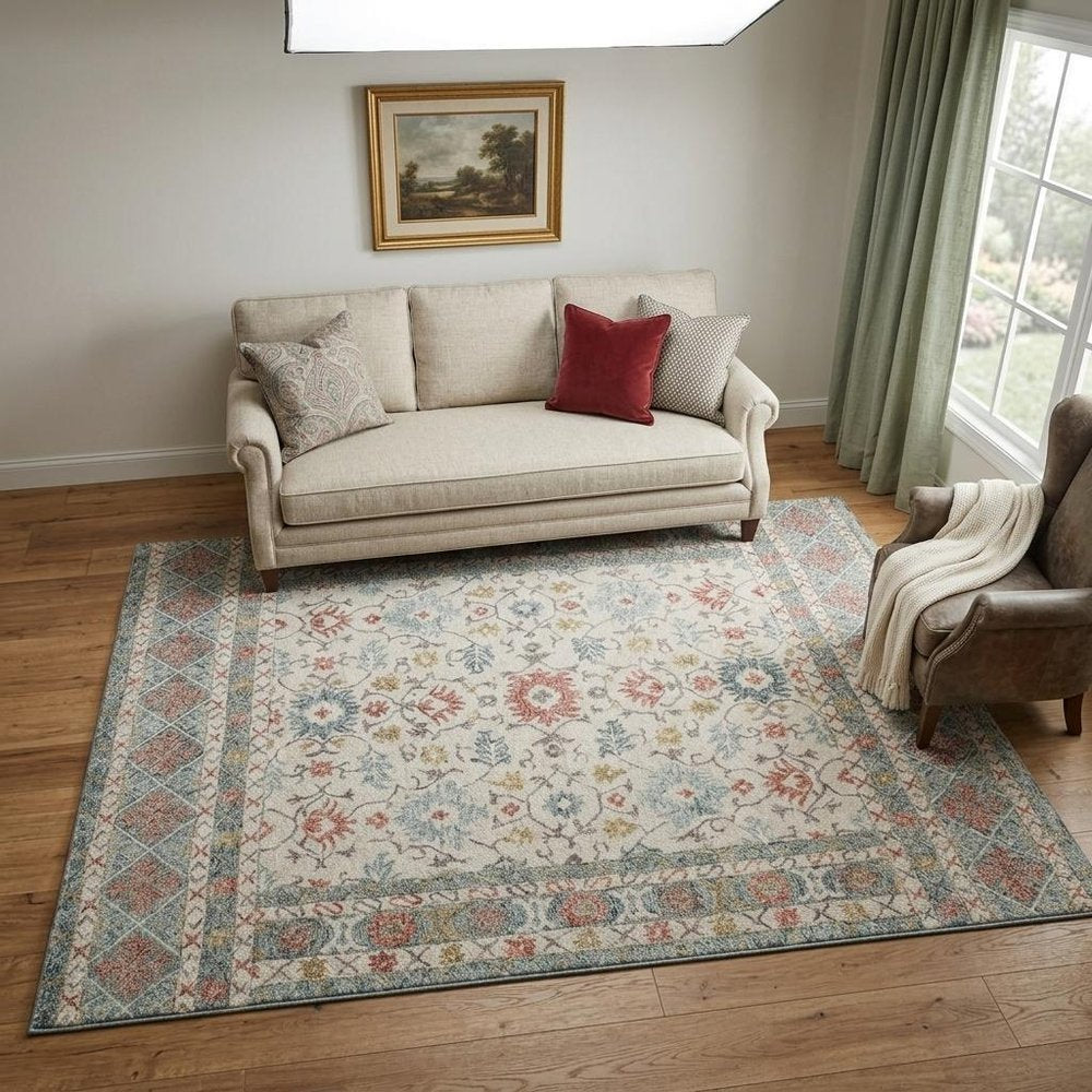 5' X 8' Ivory and Blue Wool Oriental Hand Tufted Non Skid Area Rug