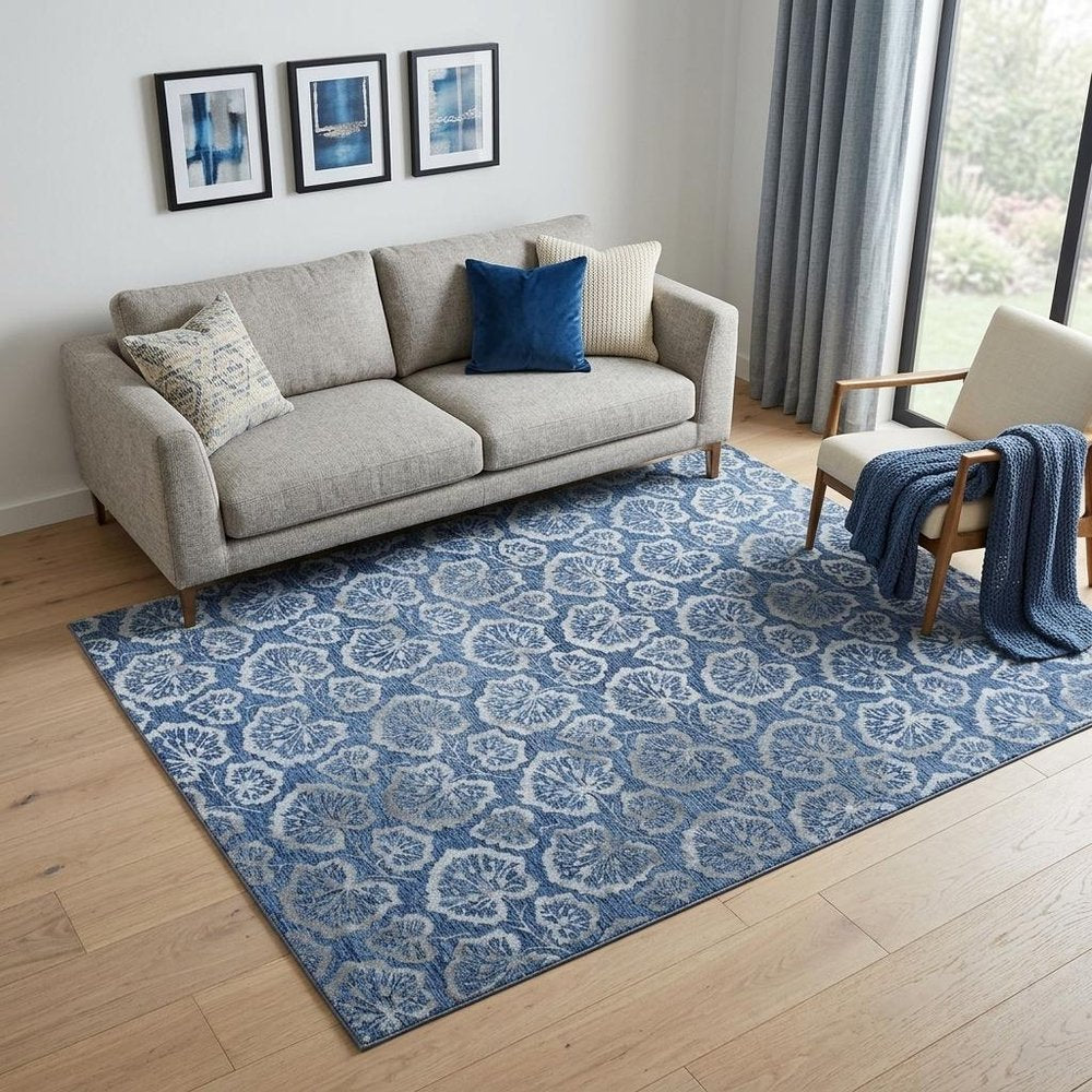 5' X 8' Denim Blue Wool Floral Hand Tufted Non Skid Area Rug