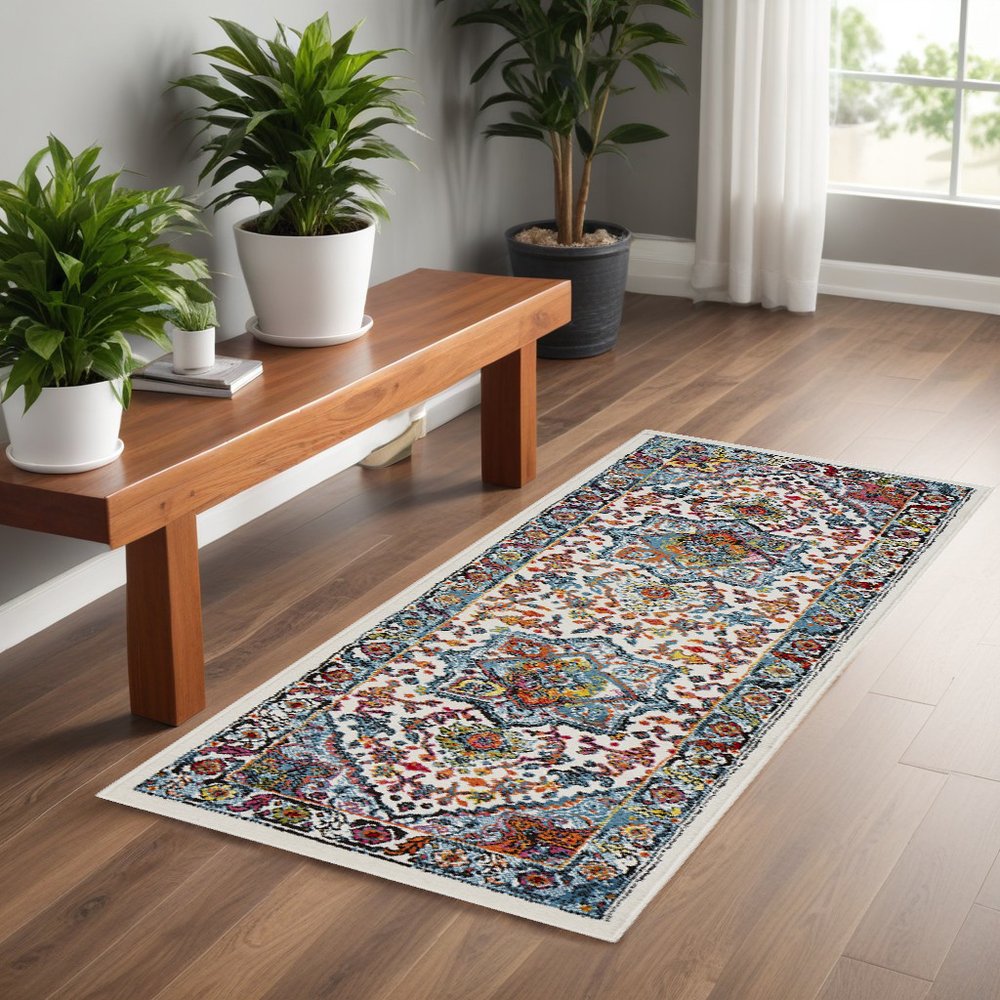 7' White And Blue Medallion Runner Rug