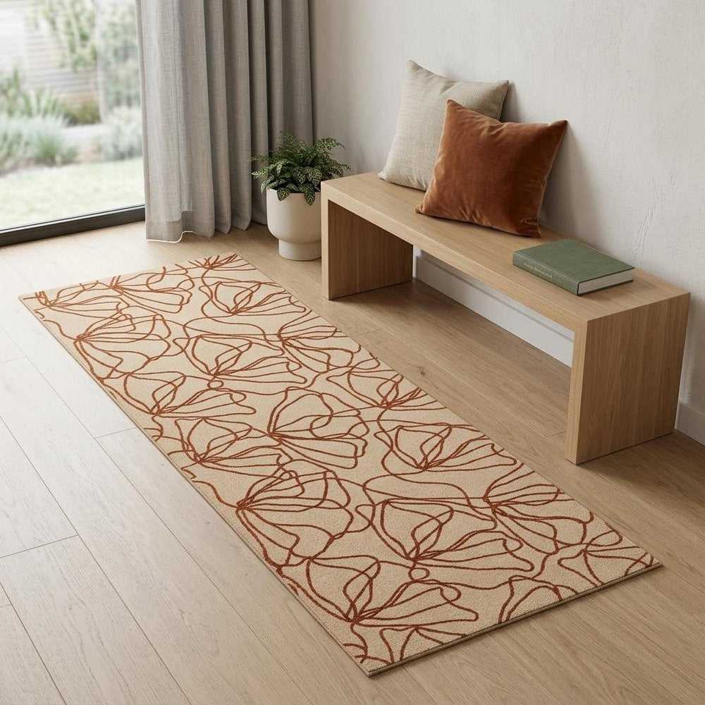 6' Beige And Bronze Floral Washable Runner Rug With UV Protection