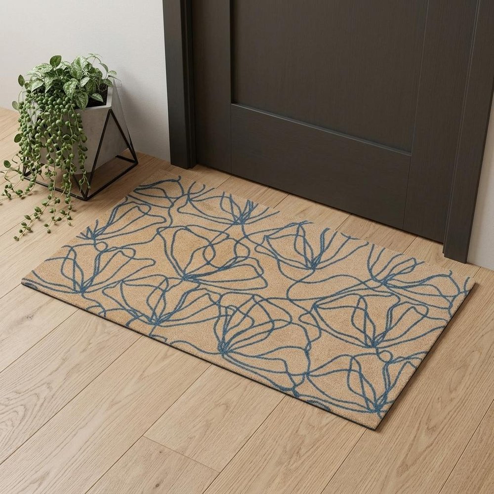 2' X 4' Beige And Blue Floral Washable Area Rug With UV Protection