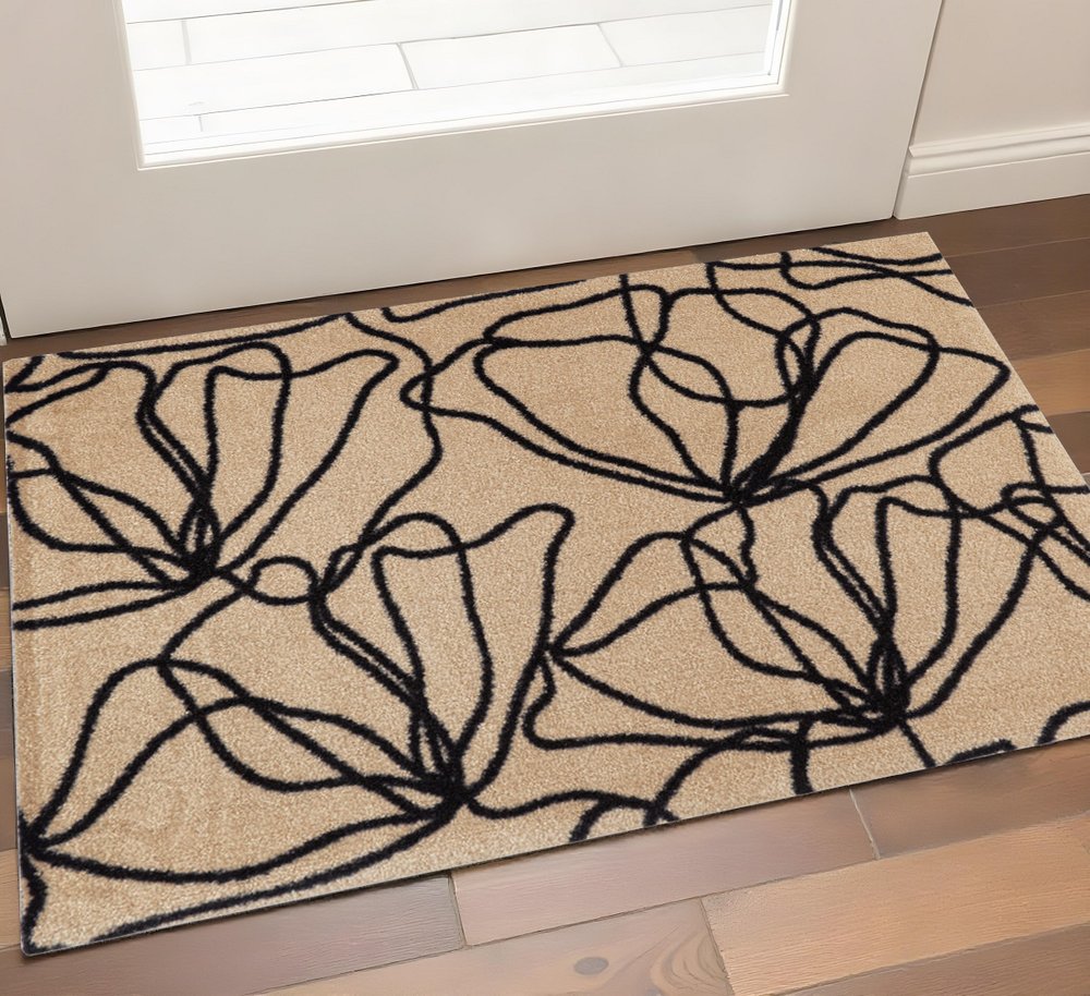 2' X 3' Beige And Black Floral Washable Area Rug With UV Protection