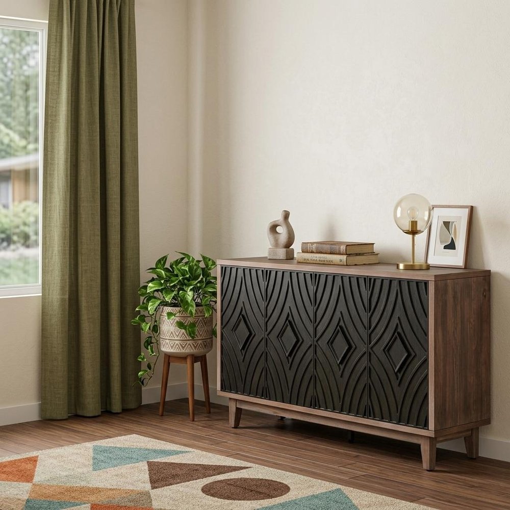 60" Brown and Charcoal Distressed Wood Sideboard with Four Doors