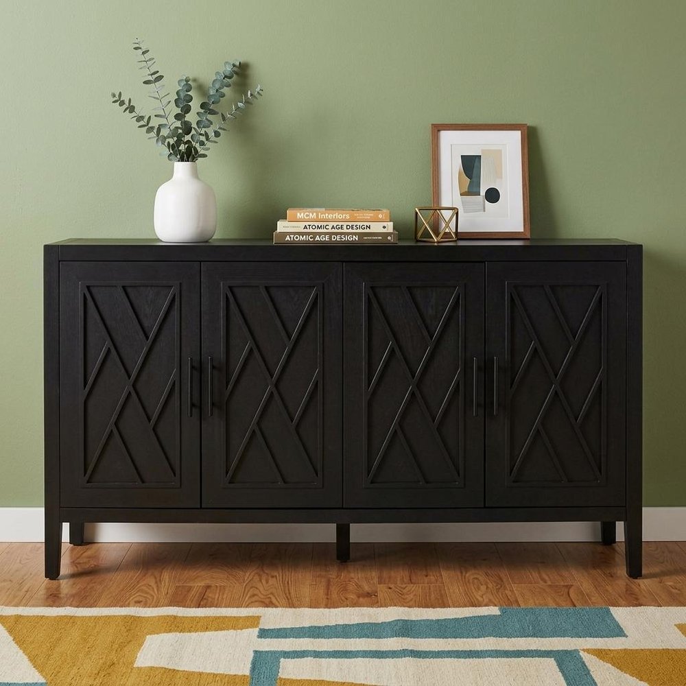 60" Black Distressed Sideboard with Four Doors