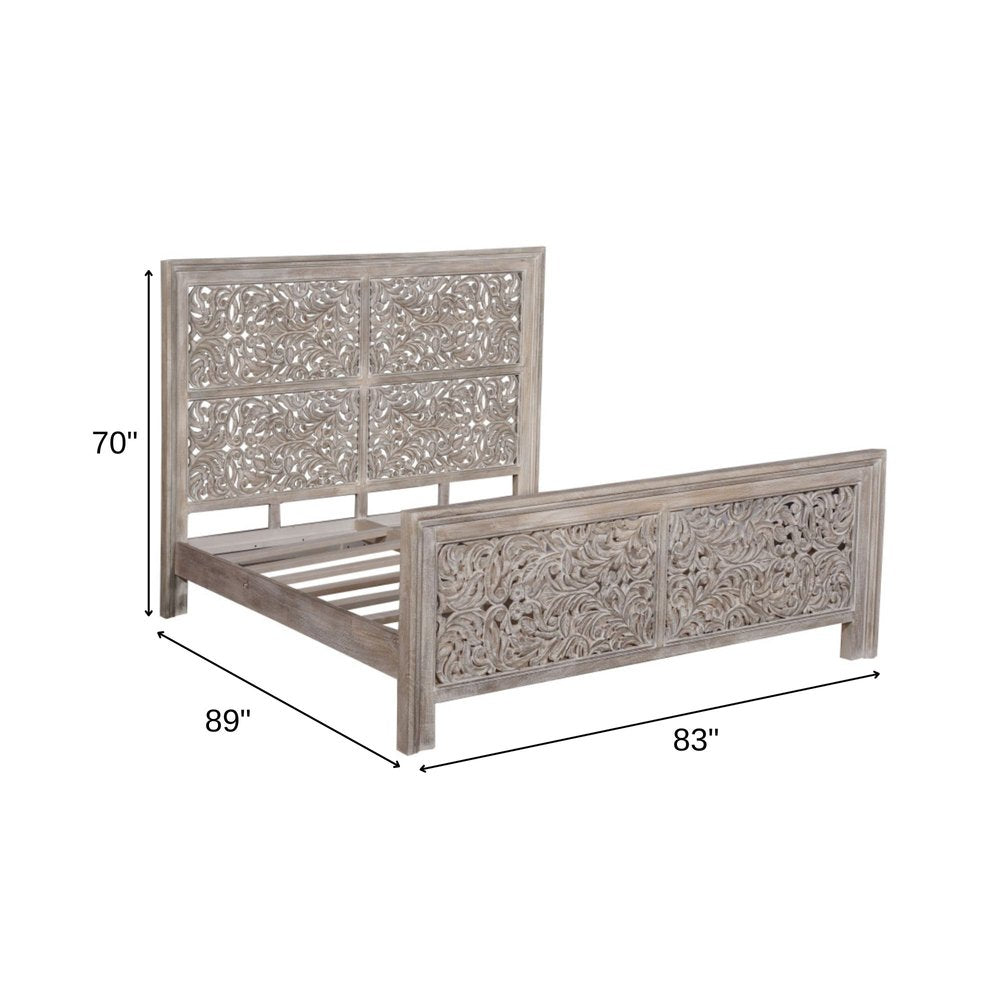Gray Carved Scrollwork Distressed Solid Wood King Bed Frame