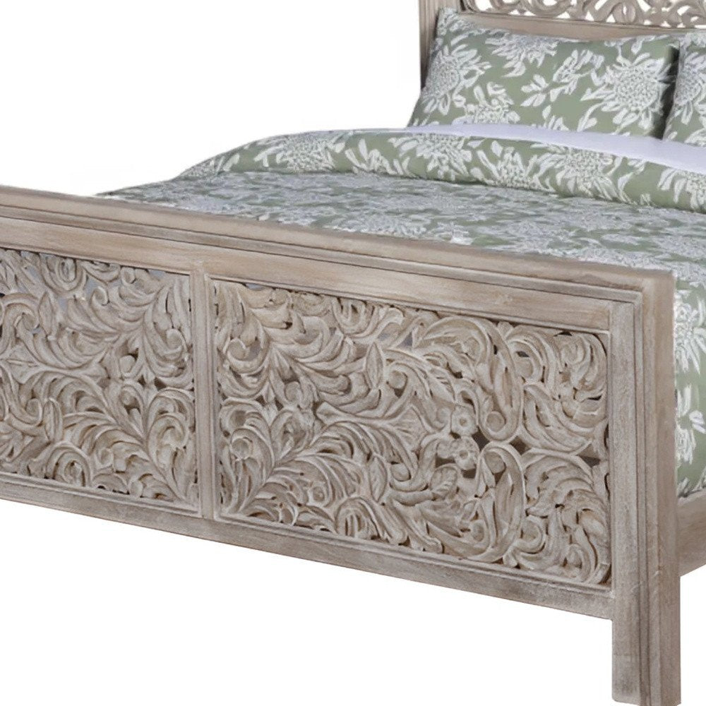 Gray Carved Scrollwork Distressed Solid Wood King Bed Frame
