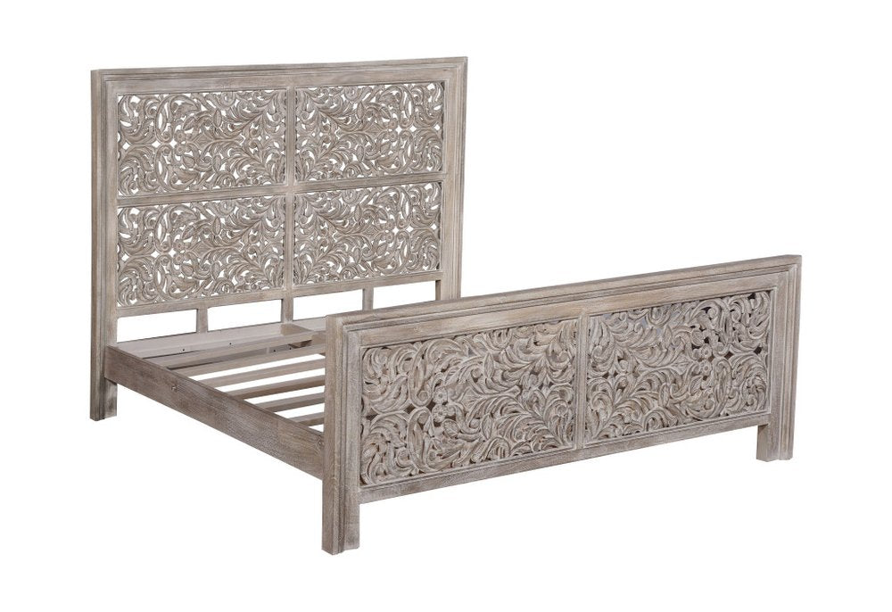 Gray Carved Scrollwork Distressed Solid Wood King Bed Frame