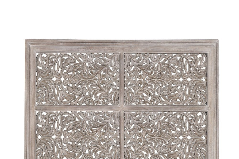Gray Carved Scrollwork Distressed Solid Wood King Bed Frame