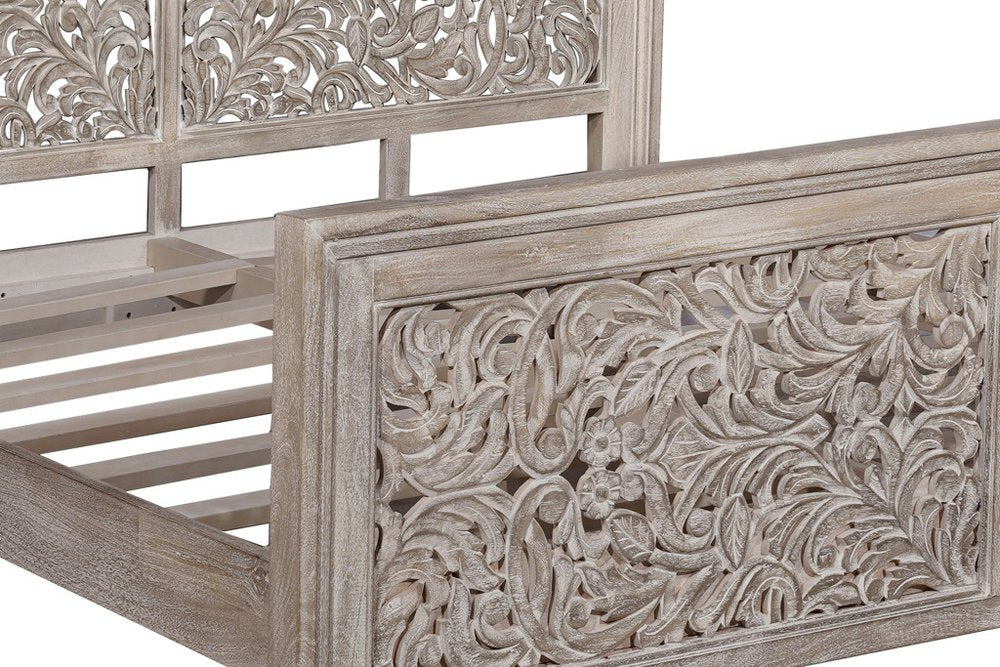 Gray Carved Scrollwork Distressed Solid Wood King Bed Frame