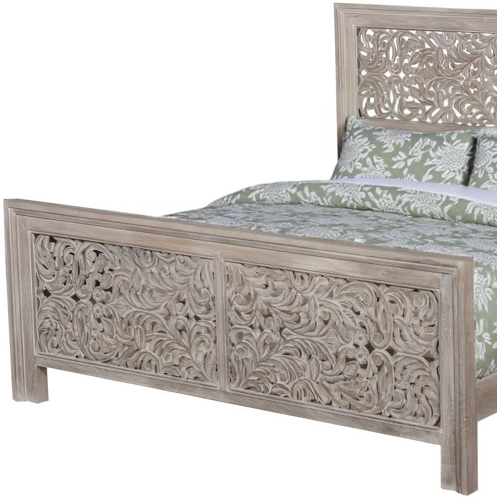 Gray Carved Scrollwork Distressed Solid Wood King Bed Frame