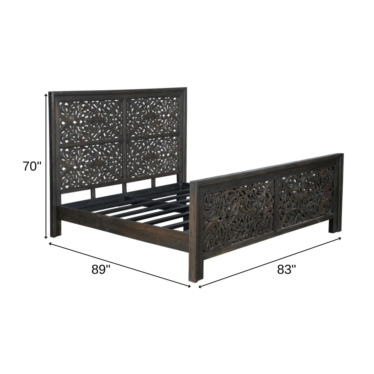 Black Carved Scrollwork Distressed Solid Wood King Bed Frame