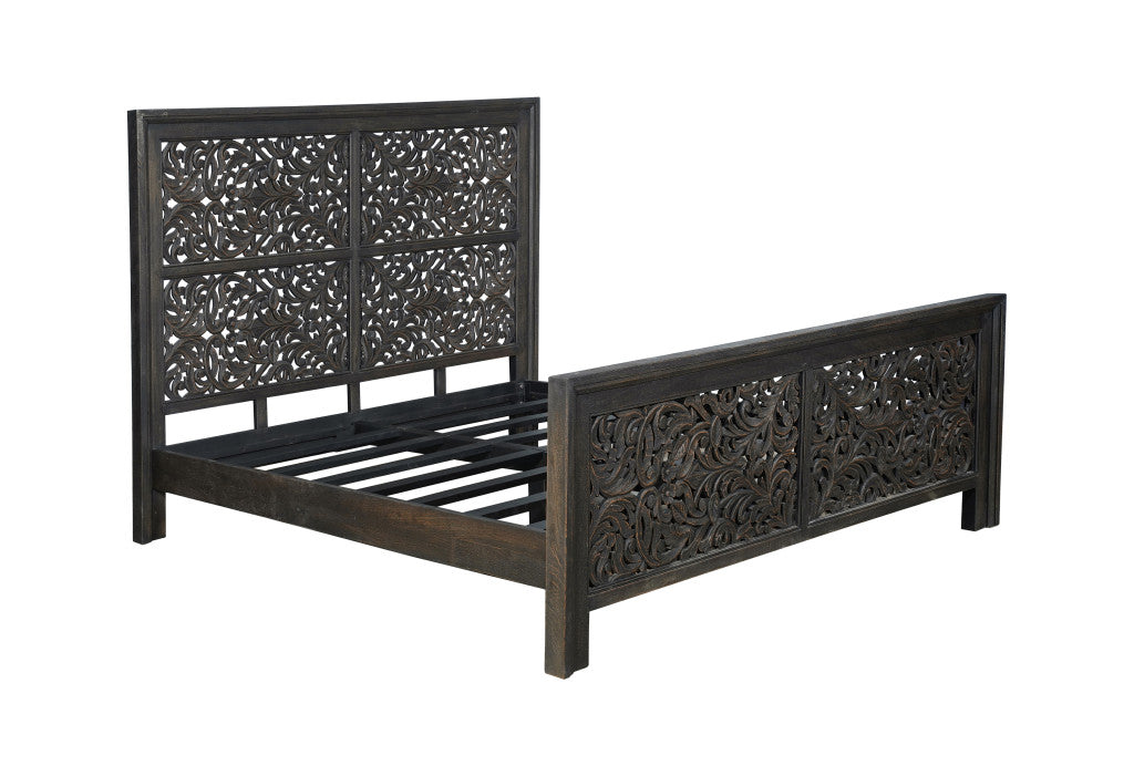 Black Carved Scrollwork Distressed Solid Wood King Bed Frame