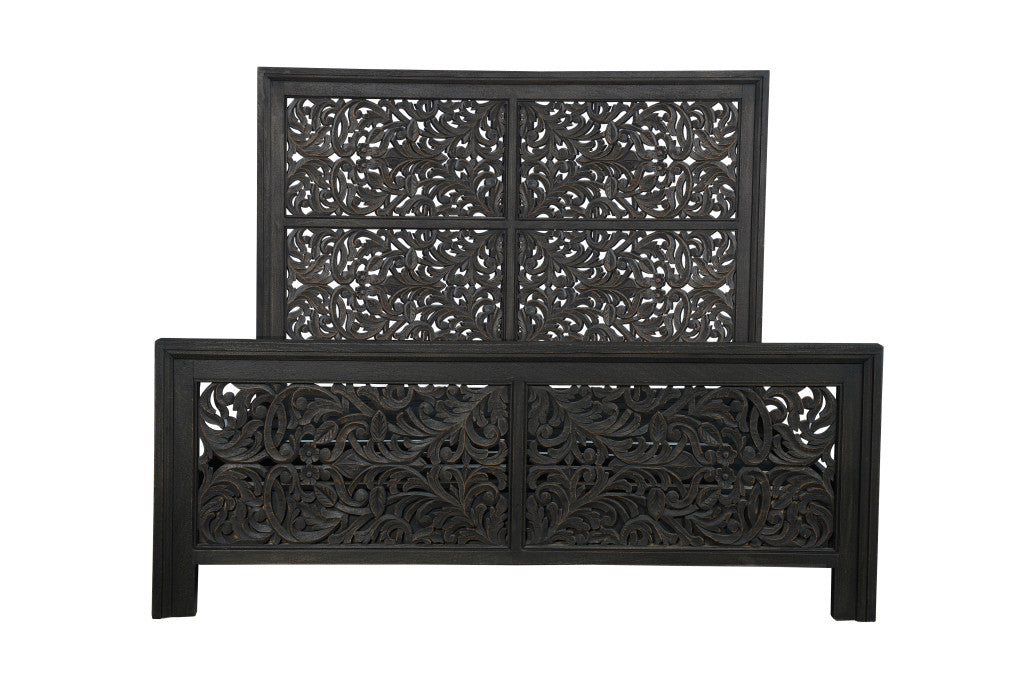 Black Carved Scrollwork Distressed Solid Wood King Bed Frame
