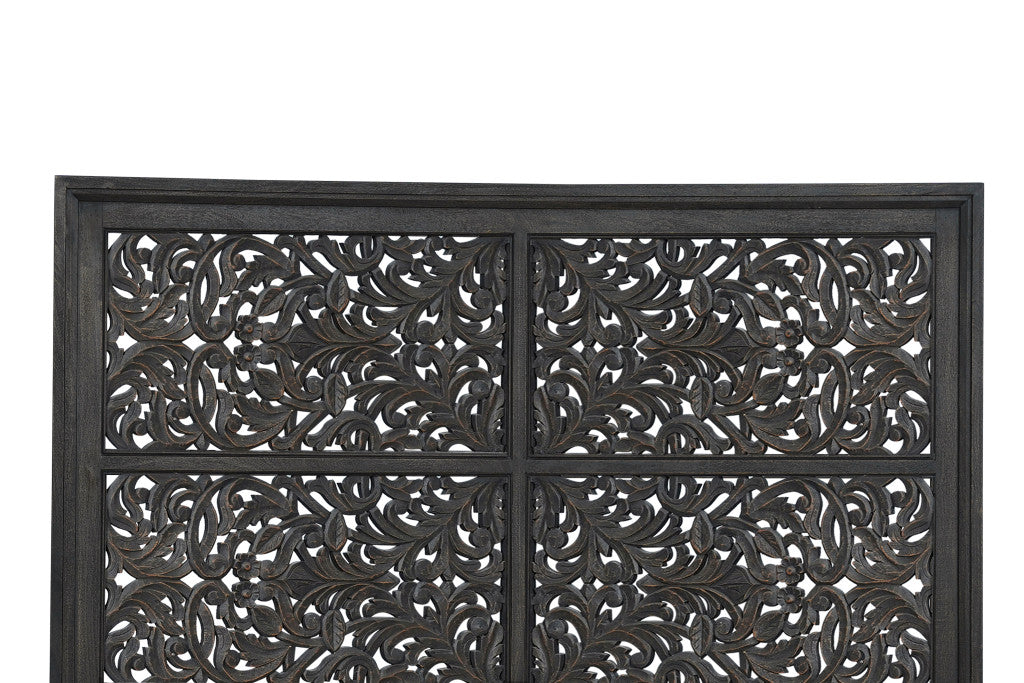Black Carved Scrollwork Distressed Solid Wood King Bed Frame