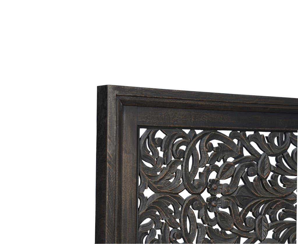 Black Carved Scrollwork Distressed Solid Wood King Bed Frame