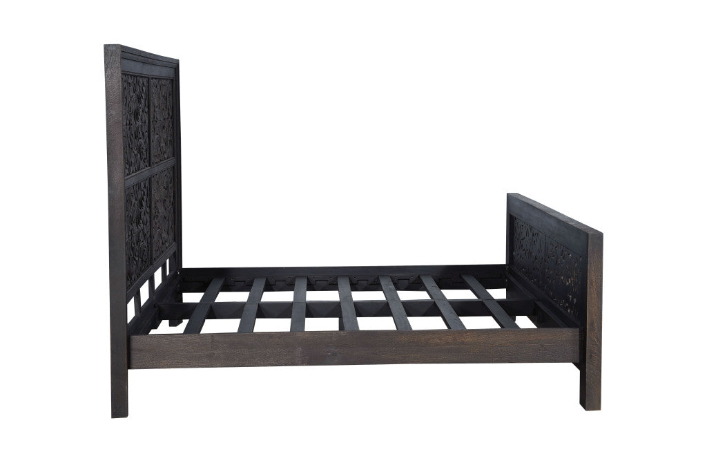Black Carved Scrollwork Distressed Solid Wood King Bed Frame